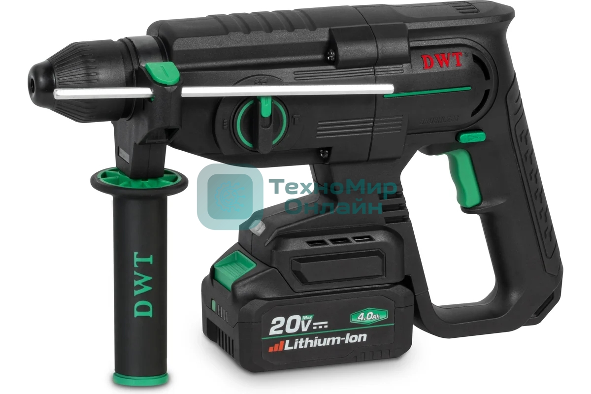 Перфоратор аккумуляторный DWT ABHP-20-26D-4C2 BMC/20В/2.8 Дж/до 5300 уд.в мин/до 1200 об.в мин/SDS-Plus/бесщеточный мотор/плавный пуск/реверс/LED-подсветка/2 АКБ, 4 А·ч/ЗУ/кейс/черный (ABHP-20-26D-4C2 BMC)