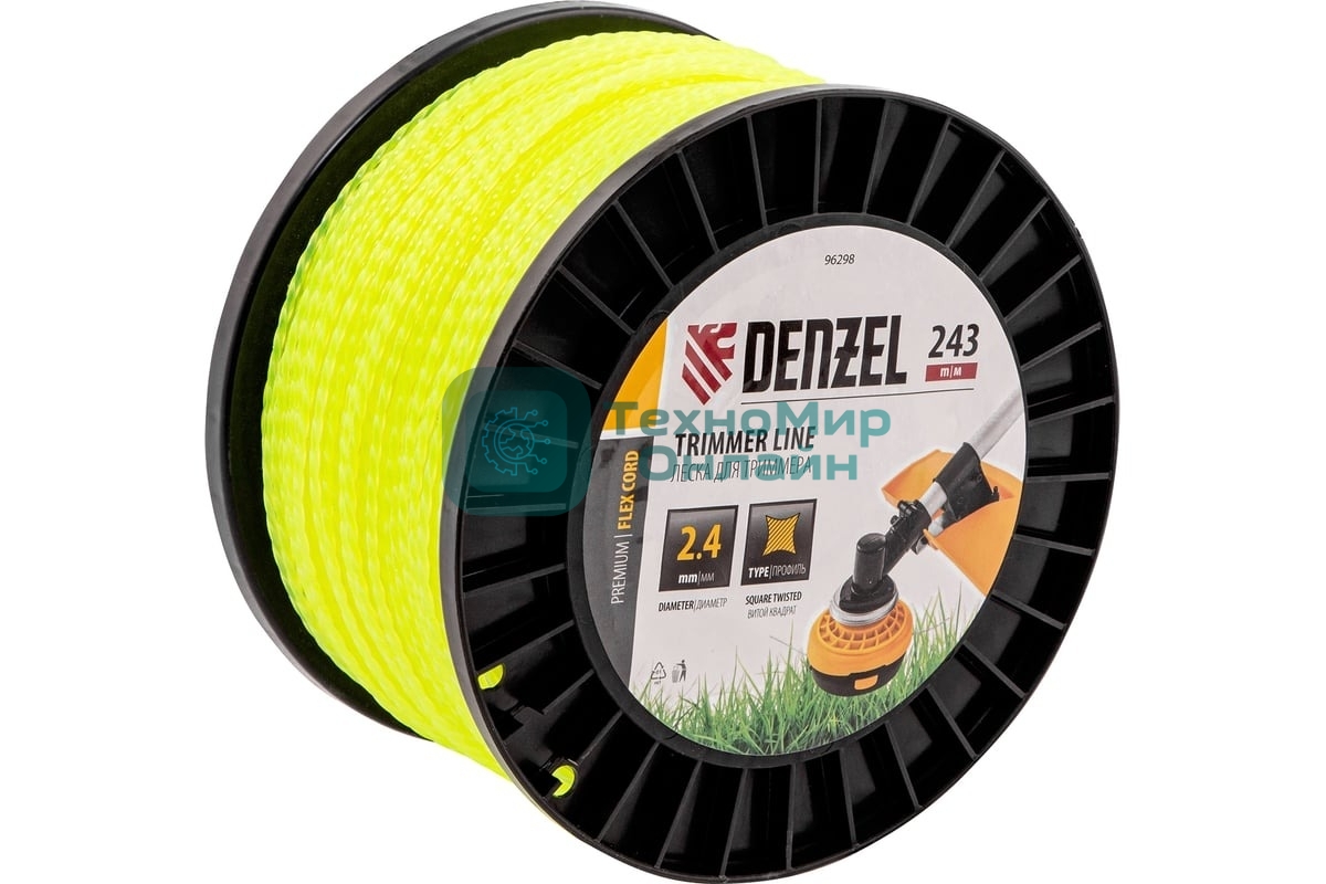 Леска для триммера Denzel витой квадрат, 2,4мм х 243м, на DIN катушке FLEX CORD