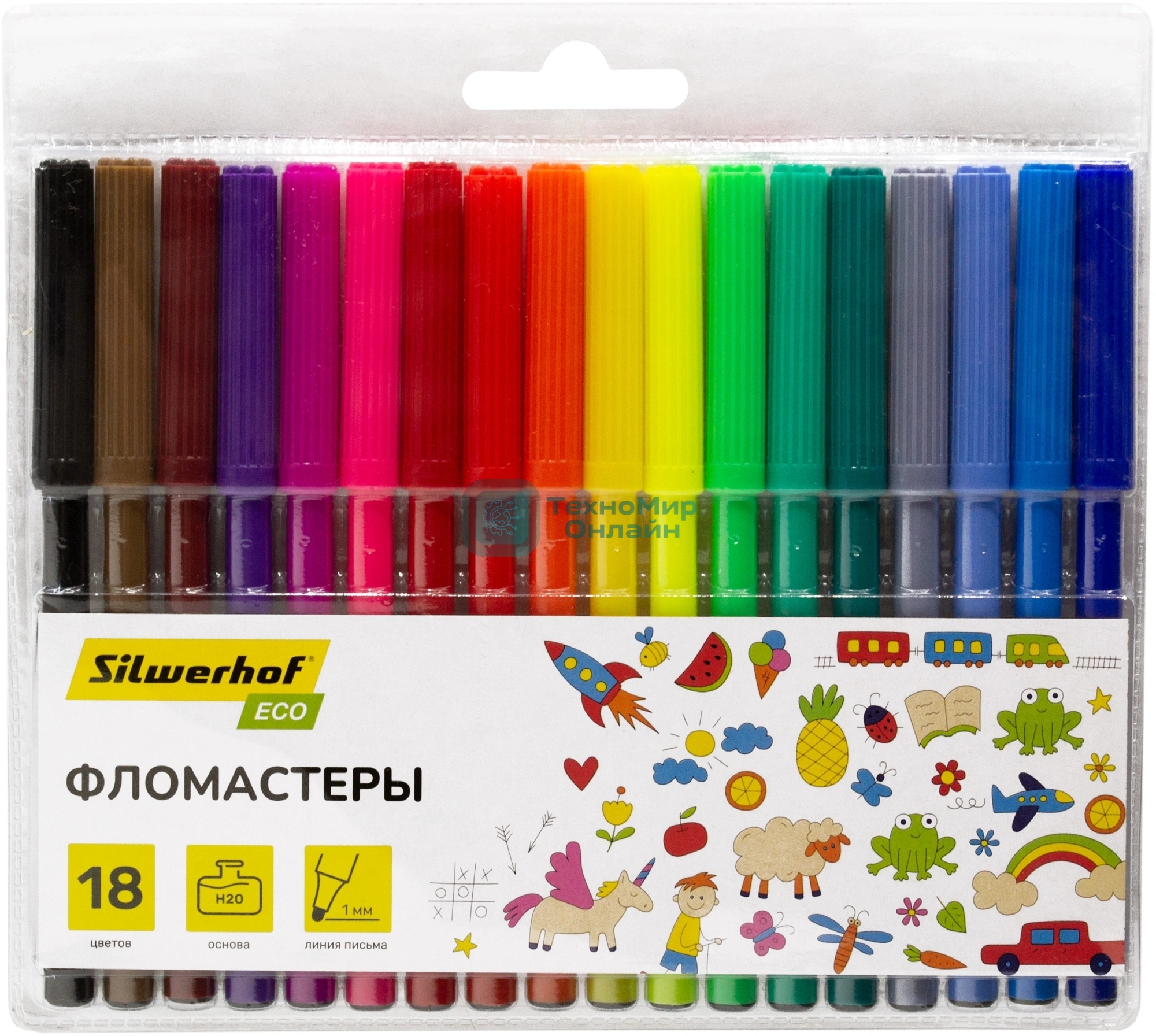 Фломастеры Silwerhof Eco 7.2мм 125мм, круглый корпус, вентилируемый колпачок, 18 цветов, пакет с европодвесом