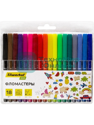 Фломастеры Silwerhof Eco 7.2мм 125мм, круглый корпус, вентилируемый колпачок, 18 цветов, пакет с европодвесом