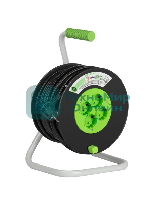 Удлинитель силовой ЭРА GREEN LINE KAT-3x1.5-50m Greenline на катушке пластик 4 розетки с заземлением 50 м ПВС 3x1.5 мм2