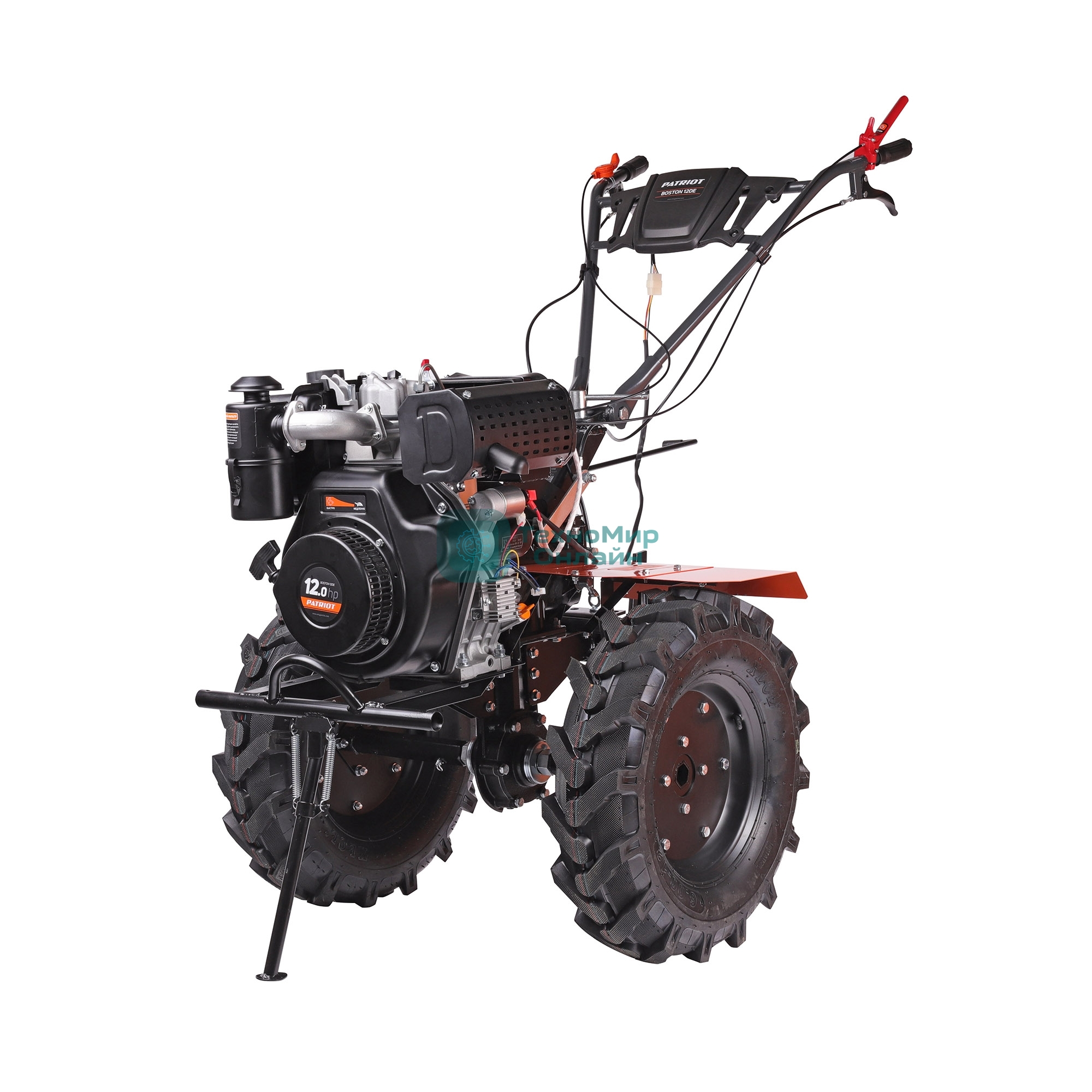 Мотоблок дизельный PATRIOT BOSTON 12DE 12 л,с; эл. Стартер: 12V; фрезы: 1350 mm; коробка передач 2 вперед+ 1 назад