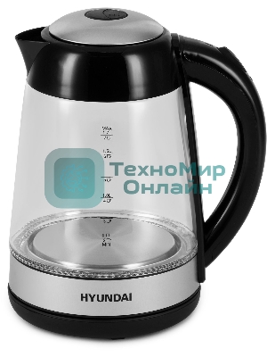 Чайник электрический Hyundai HYK-G3803 1.7 л, 2200 Вт, черный/серебристый (корпус: стекло)