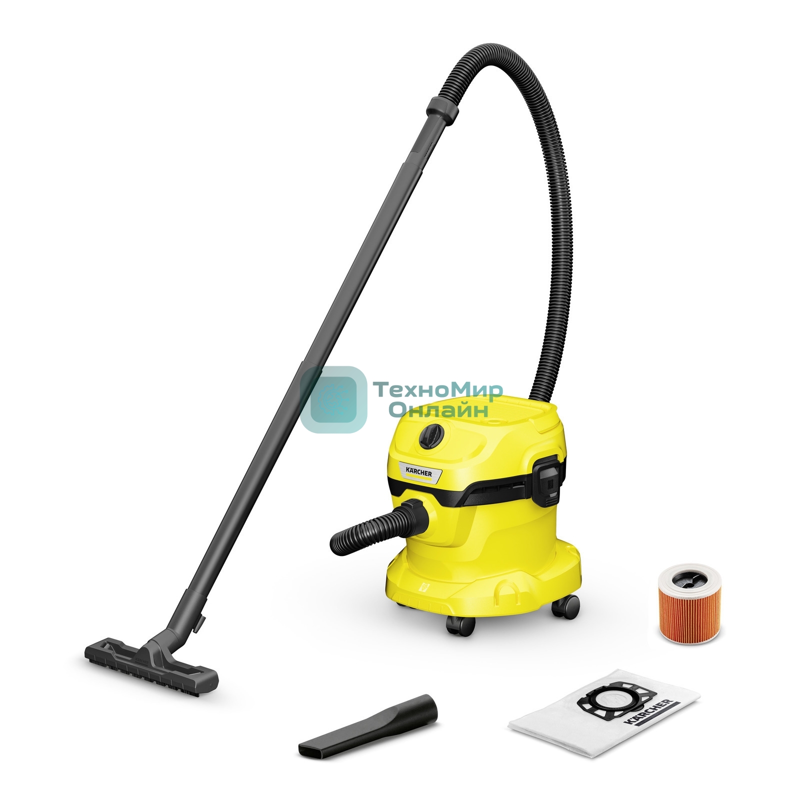 Хозяйственный пылесос Karcher WD 2 Plus V-12/6/18/C желтый, 1000 Вт, уборка сухая/влажная, пылесборник мешок/контейнер, 12 л