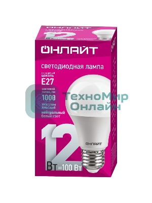 Лампа светодиодная ОНЛАЙТ 71655 OLL-A65/А60-12-230-4K-E27 12 Вт грушевидная 4000К белый E27 1000 лм 176-264В
