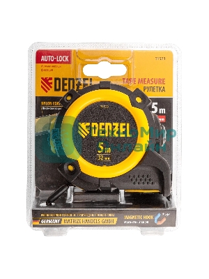 Рулетка Denzel 5 м х 32 мм, автоматич. фиксац., нейлон. покрытие, магнит. зацеп, двухстор. разметка