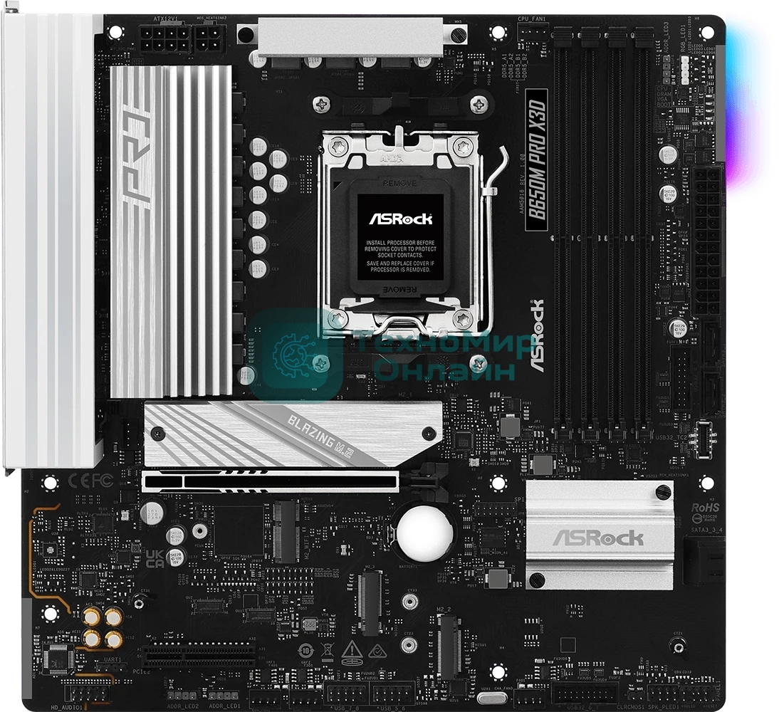 Материнская плата ASRock B650M Pro X3D, AM5, AMD B650, 4xDDR5, 4xSATA, 3xM.2, 1xPCIe 5.0 x16, 1xPCIe 4.0 x4, 1xHDMI, 1xDP, 1x2.5Gb LAN, 1xUSB-C 10Gbps, 1xUSB-A 10Gbps, 2xUSB-A 5Gbps, 4xUSB-A 2.0, 3x3.5 мм, 7.1, mATX