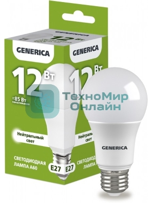 Лампа светодиодная A60 груша 12Вт 230В 4000К E27 GENERICA
