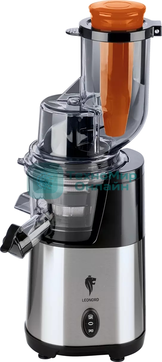 Соковыжималка LEONORD LE-1709 серебристый/черный, шнековая вертикальная, 200 Вт, 600 мл, механическое, реверс