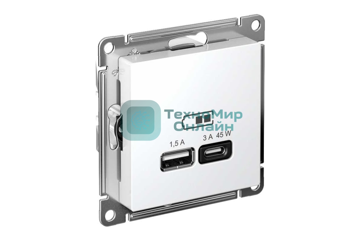Розетка USB AtlasDesign тип A+C 45Вт QC PD высокоскор. ЗУ механизм бел. SE ATN000129
