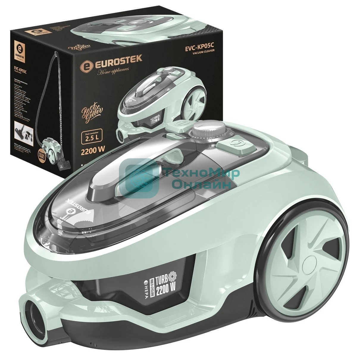 Пылесос Eurostek EVC-KP05С серый/бирюзовый, 400/2600 Вт, уборка сухая, пылесборник контейнер 2.5 л