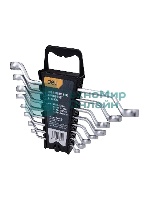 Набор накидных изогнутых гаечных ключей 8 шт Deli DL150008A Спецификация: 6x7мм, 8x9мм, 10x11мм, 12x13мм, 14x15мм, 16x17мм, 18x19мм, 20x22мм. Матовая хромированная поверхность. Пластиковая упаковка.