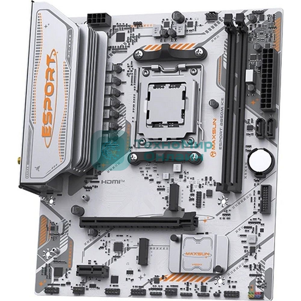 Материнская плата Maxsun MS-eSport B850M WIFI ICE, AM5, AMD B850, 2xDDR5, 2xSATA, 2xM.2, 1xPCIe 5.0 x16, 1xPCIe 3.0 x1, 1xHDMI 1.4, 1xDP, 1xRJ45, Wi-Fi 6, Bluetooth 5.2, 4xUSB-A 5Gbps, 2xUSB-A 2.0, 3x3.5 мм, 7.1, mATX