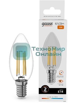 Лампа светодиодная филаментная Gauss Filament 10Вт цок.: E14 свеча св. свеч. бел. теп. (упак.: 10 шт)