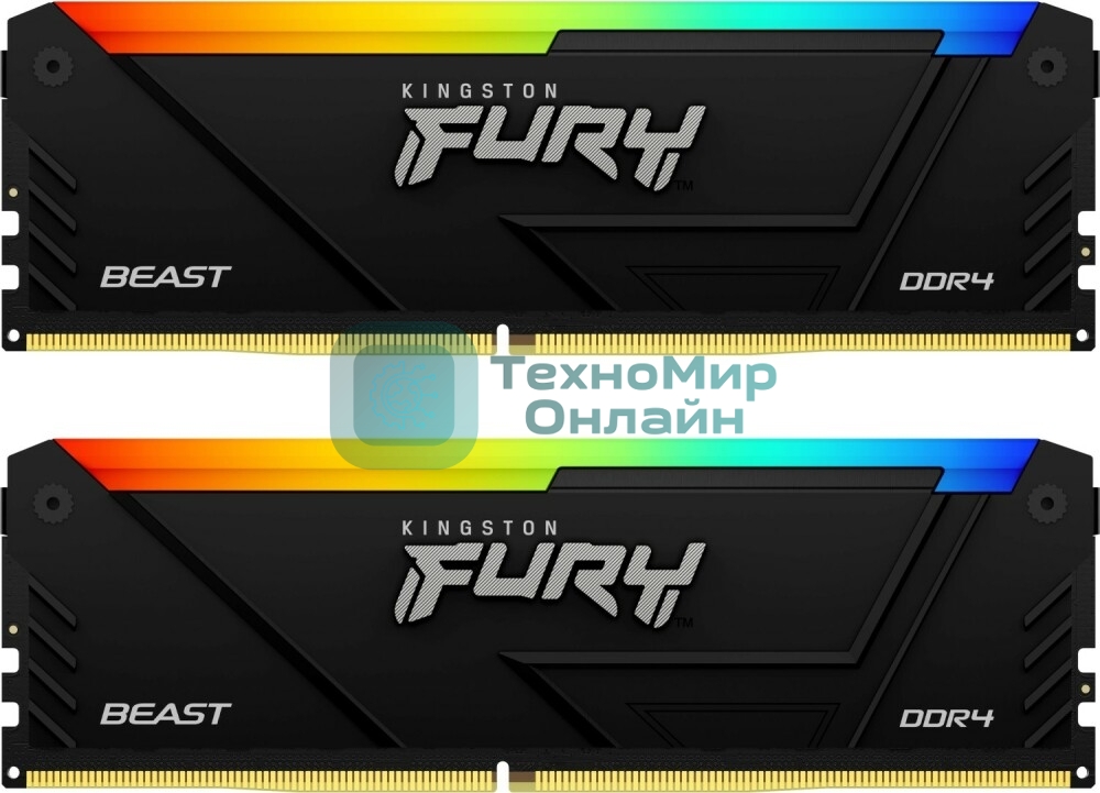 Оперативная память Kingston Fury Beast, DDR4, 32GB (2x16GB), 3600MHz, CL18, DIMM, с радиатором, RGB, черный