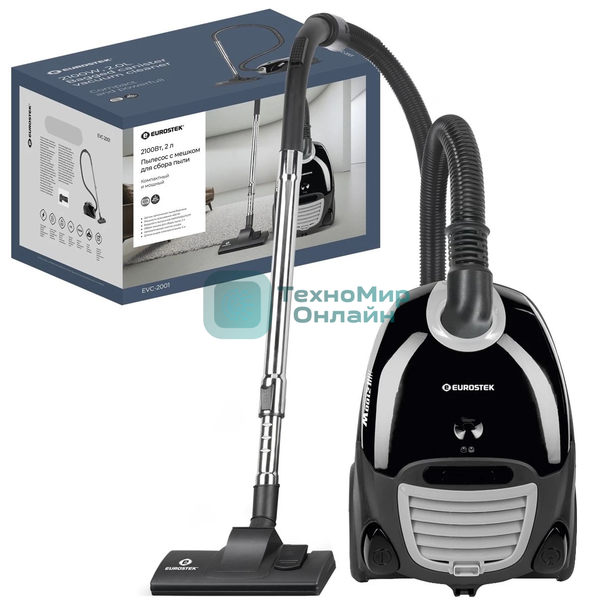 Пылесос с тканевым пылесборником Eurostek EVC-2001 черный, максимальная мощность 2000 Вт., мощность всасывания 380 Вт
