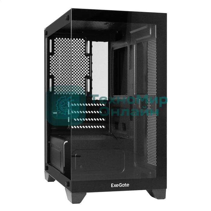 Компьютерный корпус Minitower ExeGate i3 SEA LE (mATX, без БП, 1хUSB+1хUSB 3.0, HD аудио, черный, передняя и боковая панели - закаленное стекло)