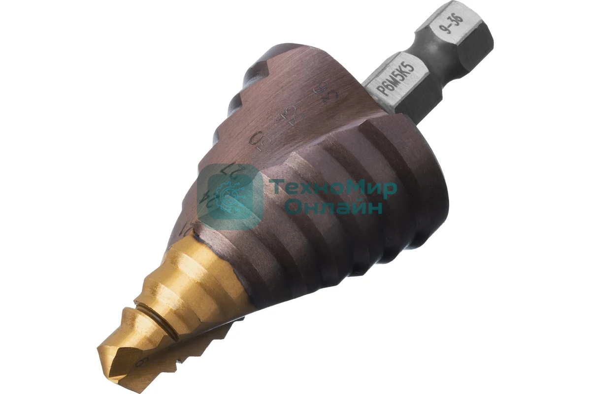 Сверло ступенчатое Denzel 9-12-15-18-21-24-27-30-33-36 мм, Р6М5К5, 6-гр. хвостовик 723615