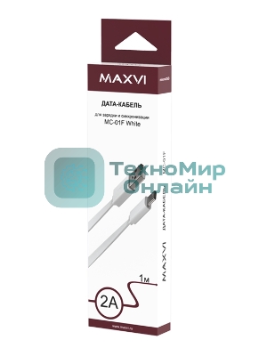 Кабель Maxvi MC-01F white USB-A - microUSB, 2A Плоский кабель, ток макс. нагрузки 2А, макс. напряжение 5V; стандарт USB 2.0; длина 1м, материал PVC, белый