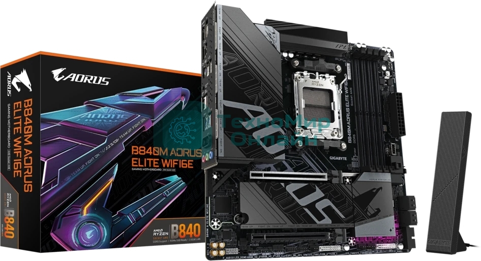 Материнская плата Gigabyte B840M AORUS ELITE WIFI6E, AM5, AMD B840, 4xDDR5, 4xSATA, 2xM.2, 1xPCIe 4.0 x16, 1xPCIe 3.0 x16, 1xHDMI, 1xDP, 1x2.5Gb LAN, Wi-Fi 6E, Bluetooth 5.3, 1xUSB-C 10Gbps, 1xUSB-C 5Gbps, 2xUSB-A 10Gbps, 2xUSB-A 5Gbps, 4xUSB-A 2.0, 1xPS/2, 3x3.5 мм, 7.1, mATX