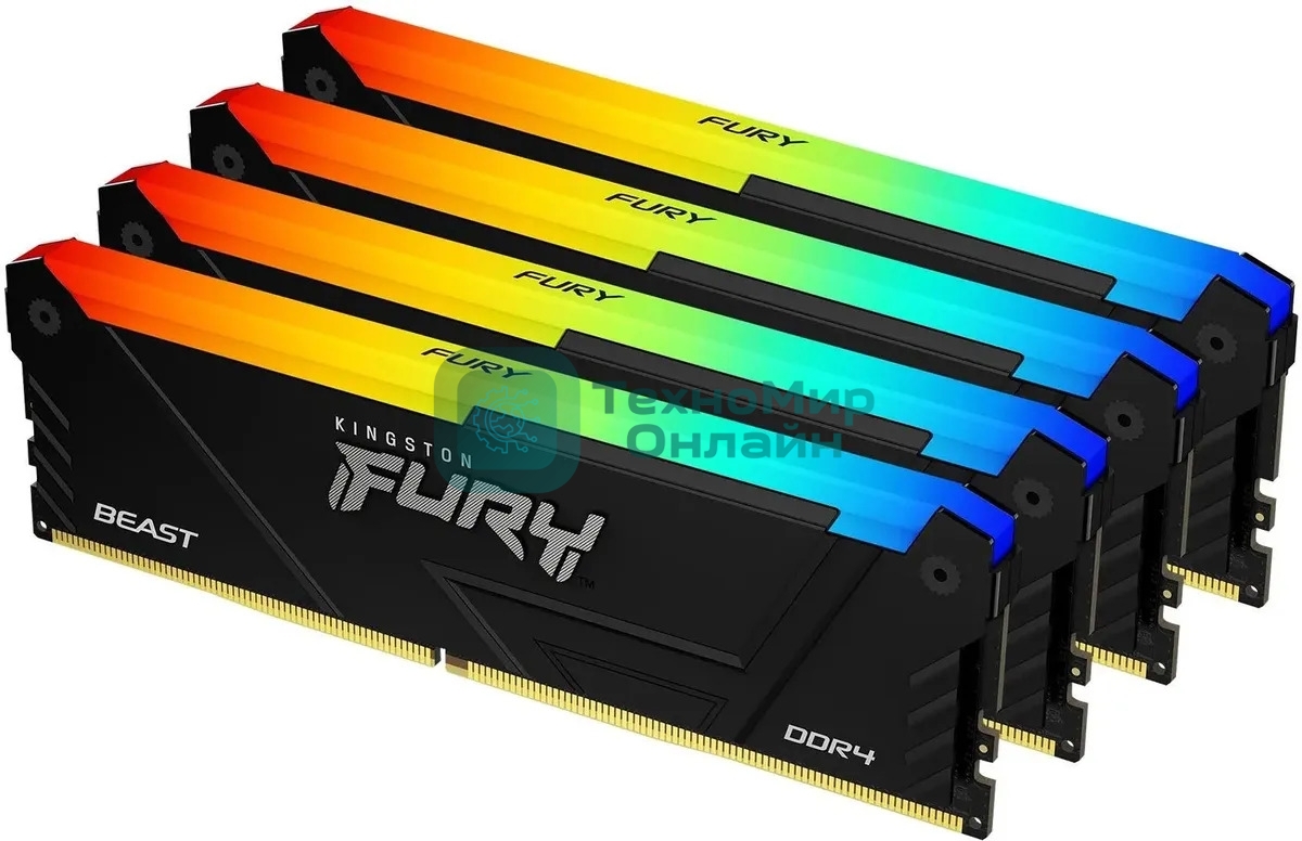 Оперативная память Kingston Fury Beast, DDR4, 64Gb (4x16Gb), 3200MHz, CL16, DIMM, с радиатором, RGB, черный