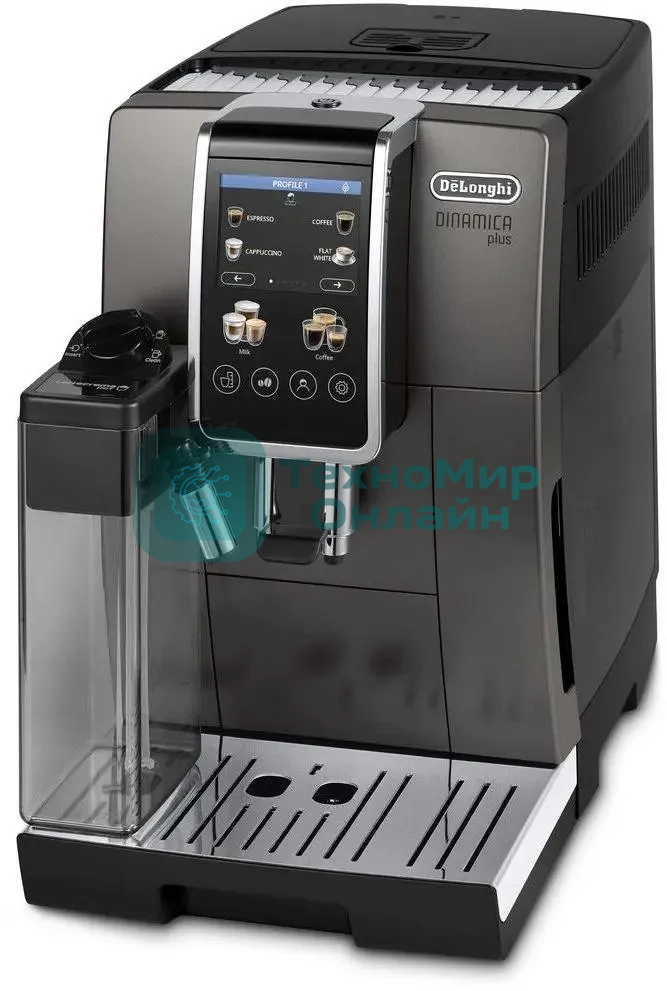 Кофемашина автоматическая DeLonghi Dinamica Plus ECAM380.95.TB черный/серый, исп. кофе - зерновой/молотый, 1.8 л, 1450 Вт, 15 Бар.