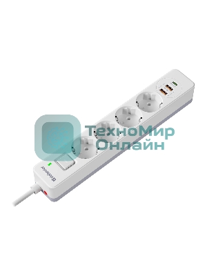 Удлинитель с сетевым фильтром Defender DFS 143, белый, 4розетки, USB+TypeC, 3 м.