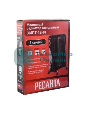 Обогреватель масляный Ресанта ОМПТ-12НЧ (11 секций) черный, 2500 Вт, 30 м2, термостат 67/3/15