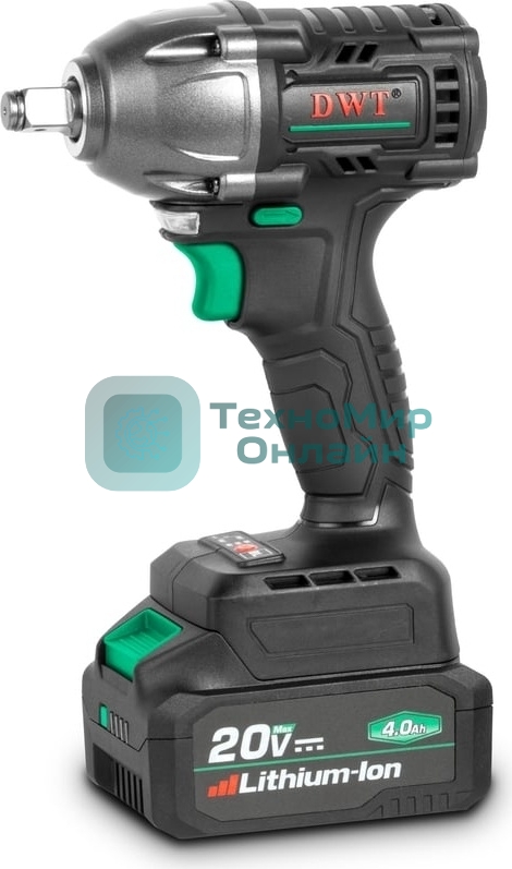 Гайковерт ударный аккумуляторный DWT ABWP-20 DN-4C2 BMC /20В/350 Нм/2400 об.в мин/3000 уд.в мин/M12-M22/бесщеточный мотор/LED-подсветка/2 АКБ, 4 А·ч/ЗУ/кейс/черный (ABWP-20 DN-4C2 BMC)