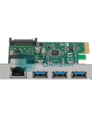 Контроллер сетевой ExeGate EXE-361 PCI-E 2.0, 3*USB 3.0 ext + LAN UTP 1000Mbps, раз.доп.пит.OEM)