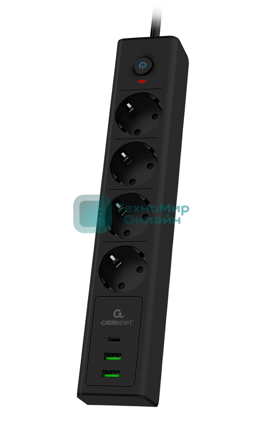 Сетевой фильтр Cablexpert Exnovo, EXN-4-CU2-B-2, 4р,16А, 1xType-C PD, 30Вт, 2хUSB, 2 м, ур. защиты 4+, черный, коробка