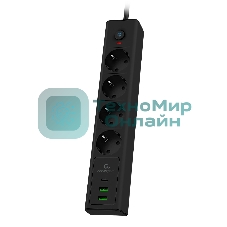 Сетевой фильтр Cablexpert Exnovo, EXN-4-CU2-B-2, 4р,16А, 1xType-C PD, 30Вт, 2хUSB, 2 м, ур. защиты 4+, черный, коробка