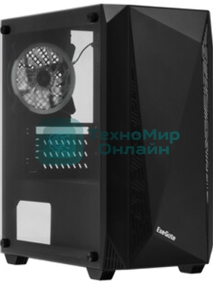 Компьютерный корпус Minitower ExeGate EX294384RUS Mistery R2 (mATX, без БП, 2*USB+1*USB 3.0, аудио, черный, 1 вент. 12см с RGb подсветкой и полоса на передней панели, боковая панель - закаленное стекло)