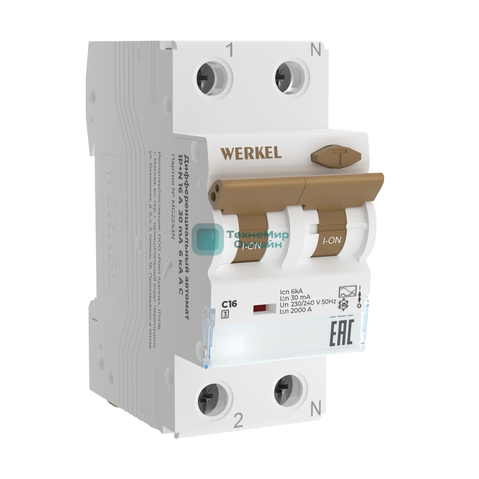 Дифференциальный автомат Werkel 1P+N 16 A 30 mА  6 kА  C A W922P166