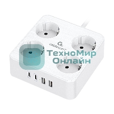 Сетевой фильтр Cablexpert Plate, PLT-4-C2U2-W-3, 4р, 10А, 2xType-C PD, 20Вт, 2xUSB, 2.4A, 3 м, ур. защиты 4+, белый, коробка