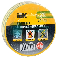 Изолента IEK UIZ-20-10-K52 0,18х19 мм желто-зеленая 20 метров IEK