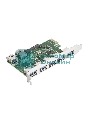Контроллер ExeGate EXE-317 PCI-E 2.0, 5*USB 3.0 ext + 2*USB 3.0 int, разъем доп.питания (OEM)