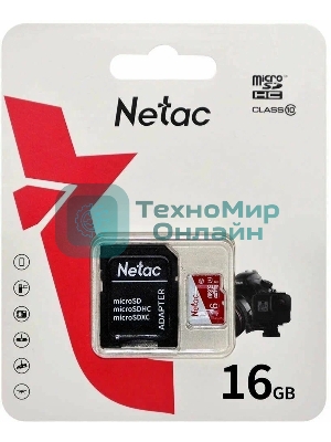 Флеш карта Netac P500 ECO 16Gb MicroSDHC C10 up to 80Mb/s, retail pack with SD Adapter