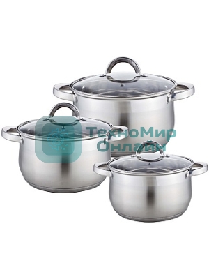 Набор посуды WEBBER BE-617/6 из нерж.стали 6 пр. 2,9л, 5,1л, 6,6л со стеклянными крышками В наборе 6 предметов: кастрюля со стеклянной крышкой 18х11,5см; 2,9л кастрюля со стеклянной крышкой 22х13,5см; 5,1л кастрюля со стеклянной крышкой 24х14,5см; 6,6л Толщина стали 0,5 мм