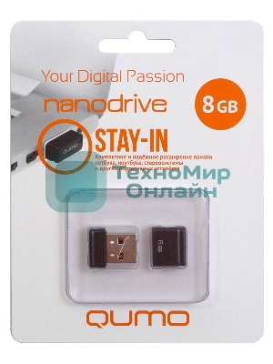 Флешка USB 2.0 QUMO 8Gb, NANO QM8GUD-NANO-B черный