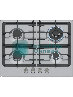 Газовая варочная панель Bosch PGH6B5K90R Serie 4, 60см, нержавеющая сталь, 4 конфорки,1 WOK-конфорка c 2 контурами пламени, составные чугунные решетки, газ-контроль, автоматический электроподжиг, сделано в Испании