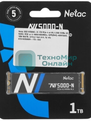 Накопитель SSD Netac NV5000, 1Tb, M.2 2280, PCIe 4.0 x4, NVMe, R/W 5000/4400, с радиатором