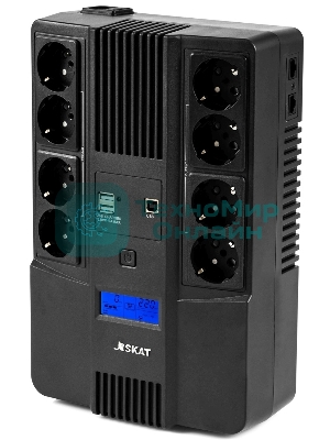 Источник бесперебойного питания Бастион SKAT-UPS 800-AID-IN-1x9-8 ИБП 220В 480Вт, LCD, АКБ 1x 9А·ч, line interactive, мод.синус, 8хSchuko,2xUS (8933)