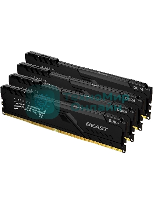 Оперативная память Kingston Fury Beast, DDR4, 64GB (4x16GB), 3200MHz, CL16, DIMM, радиатор, черный