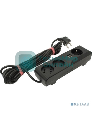 Сетевой фильтр Surge protector Pilot 3G 3xGP euro outlets, 10А/2.2 кВа, 2xUSB, 7m, черный