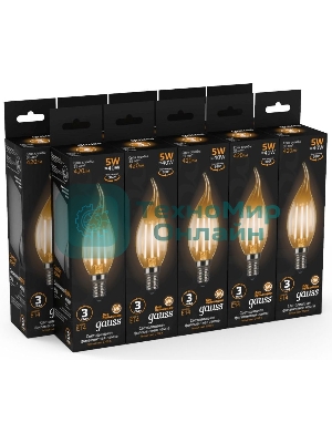 Лампа светодиодная филаментная Gauss Filament 5Вт цок.: E14 свеча 220B 2700K св. свеч. белый теп. (упак.: 10 шт)