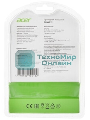 Мышь проводная Acer OMW012 черный/красный, 1200 dpi, USB, кнопки - 3