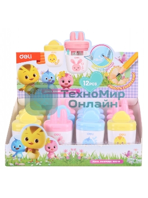 Точилка для карандашей ручная Deli ER01300, 1 отверстие, пластик, ассорти, дисплей