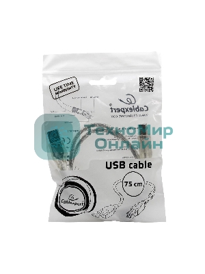 Кабель Cablexpert USB2.0 Pro, AM/BM, 0,75м, экран, 2 феррит.кольца, прозрачный (CCF-USB2-AMBM-TR-0.75M)
