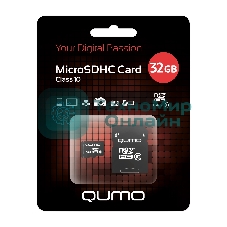 Флеш карта QUMO MicroSDHC 32Gb Сlass 10, адаптер в комплекте SD, черно-красная картонная упаковка